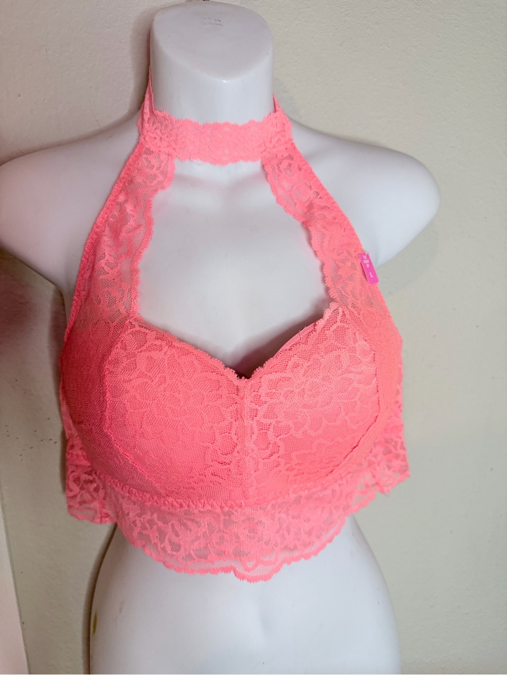 NWT Pink Coral Lace Push up choker Halter Bralette size L